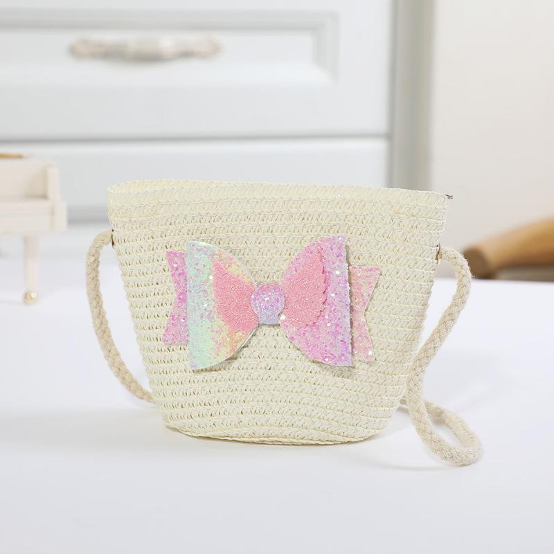 Borsa in paglia con cerniera e fiore per bambina, simpatici accessori per foto, borsa a tracolla intrecciata a mano per bambini, cestino portaoggetti, portamonete, borsa a tracolla