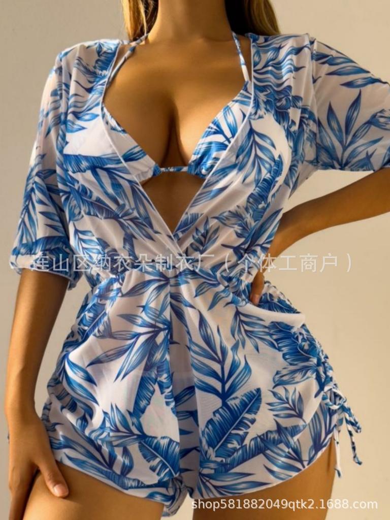 Swimsuit Beach Sunscreen Tropical Plant Printed Blouse Swimsuit Women's Three-piece Neck Bikini