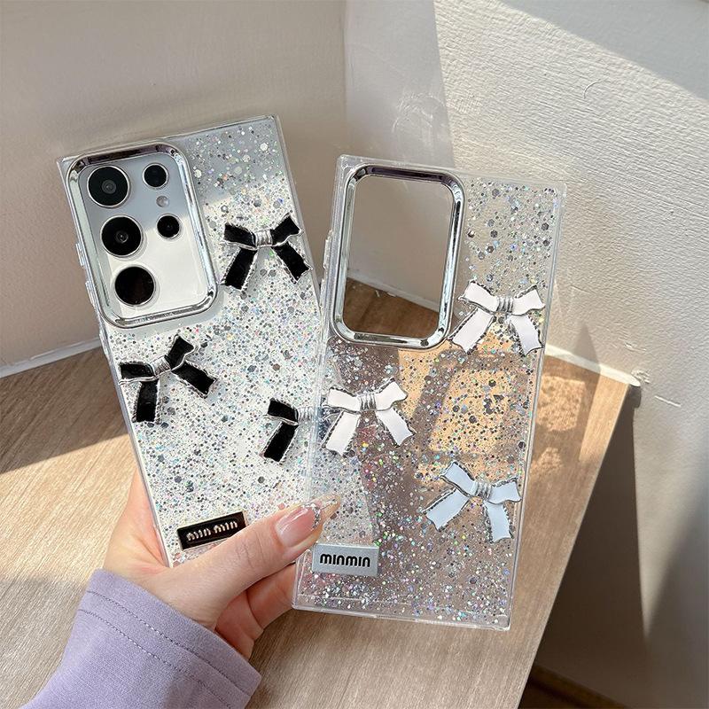 Glue Sequined Transparent Mobile Phone Case for Samsung S25ultra Bow Korean GalaxyS24 Anti-fall A06