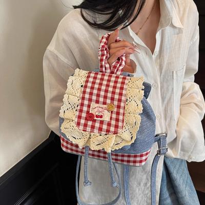 Sweet Lace Backpack Bag Women'S Fashion Trendy Denim Contrasting Color Plaid Schoolbag