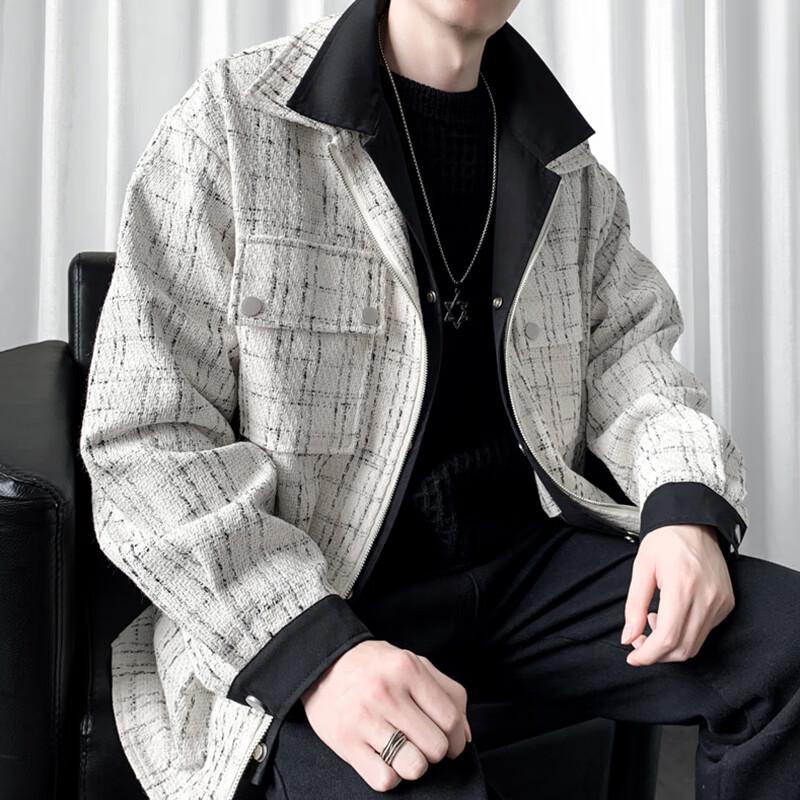 ROMON Men's Hooded Faux Two-Piece Grid Jacket