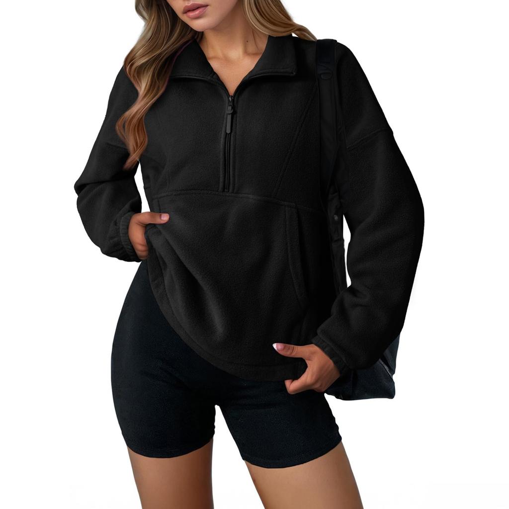 Sportlicher Damen-Fleece-Pullover mit halbem Reißverschluss, modisches lockeres langärmeliges Street-Sweatshirt-Oberteil