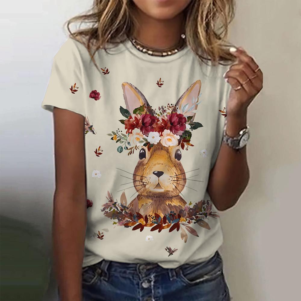 New Vintage Rabbit Print Women's T-shirt Plus Size Top 2024 Women's Clothing Fashion Short Sleeve Shirt Crew Blouse Summer