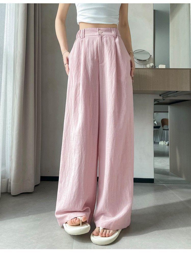 Women's Tencel Linen Wide-Leg Pants - Summer Ice Silk Cotton Blend, High Waist, Slimming, Floor Length, Loose Fit.