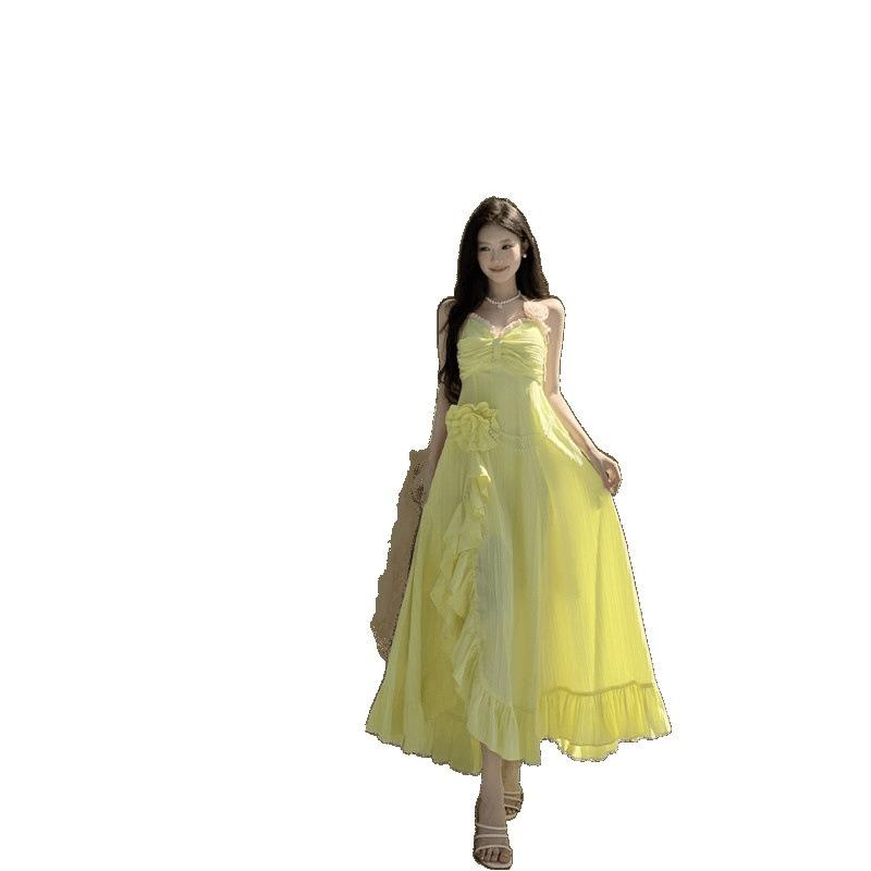 Three-dimensional Flower Ruffle Leaf Edge Neck Dress Women's Summer New Fashion Waist Halter Dress