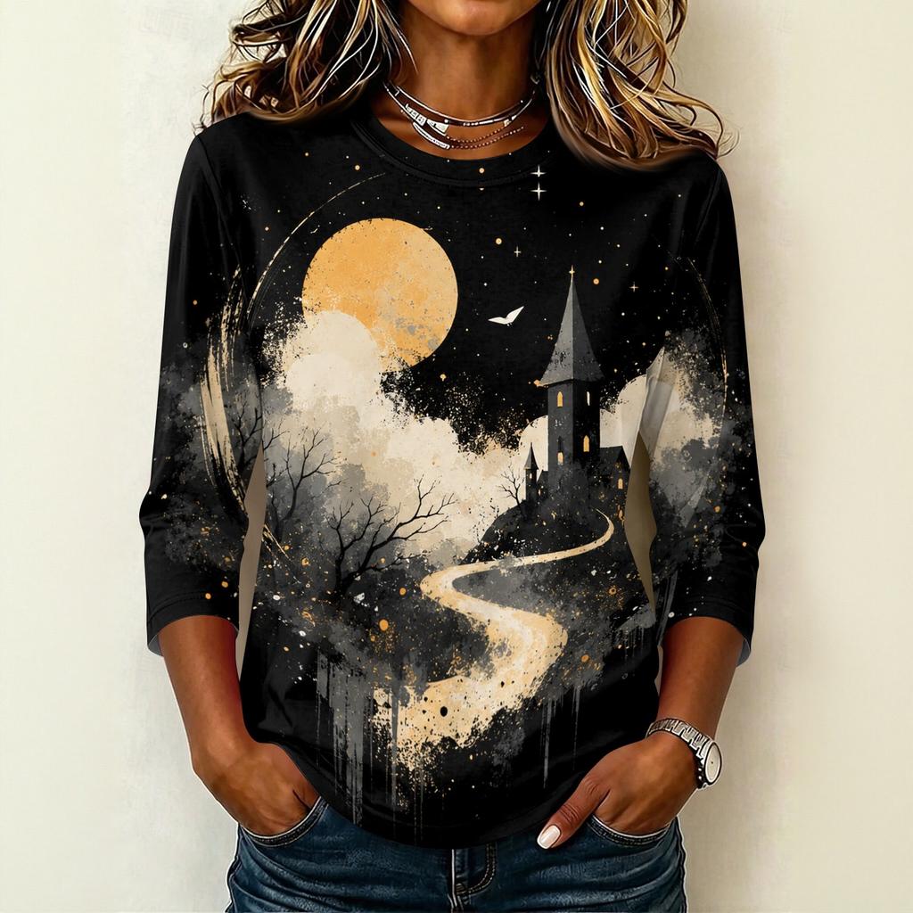 Women's Casual Crew Neck Three Quarter Sleeve Halloween Print T Shirt Top Lightweight Comfortable Fit Suitable for Daily Wear