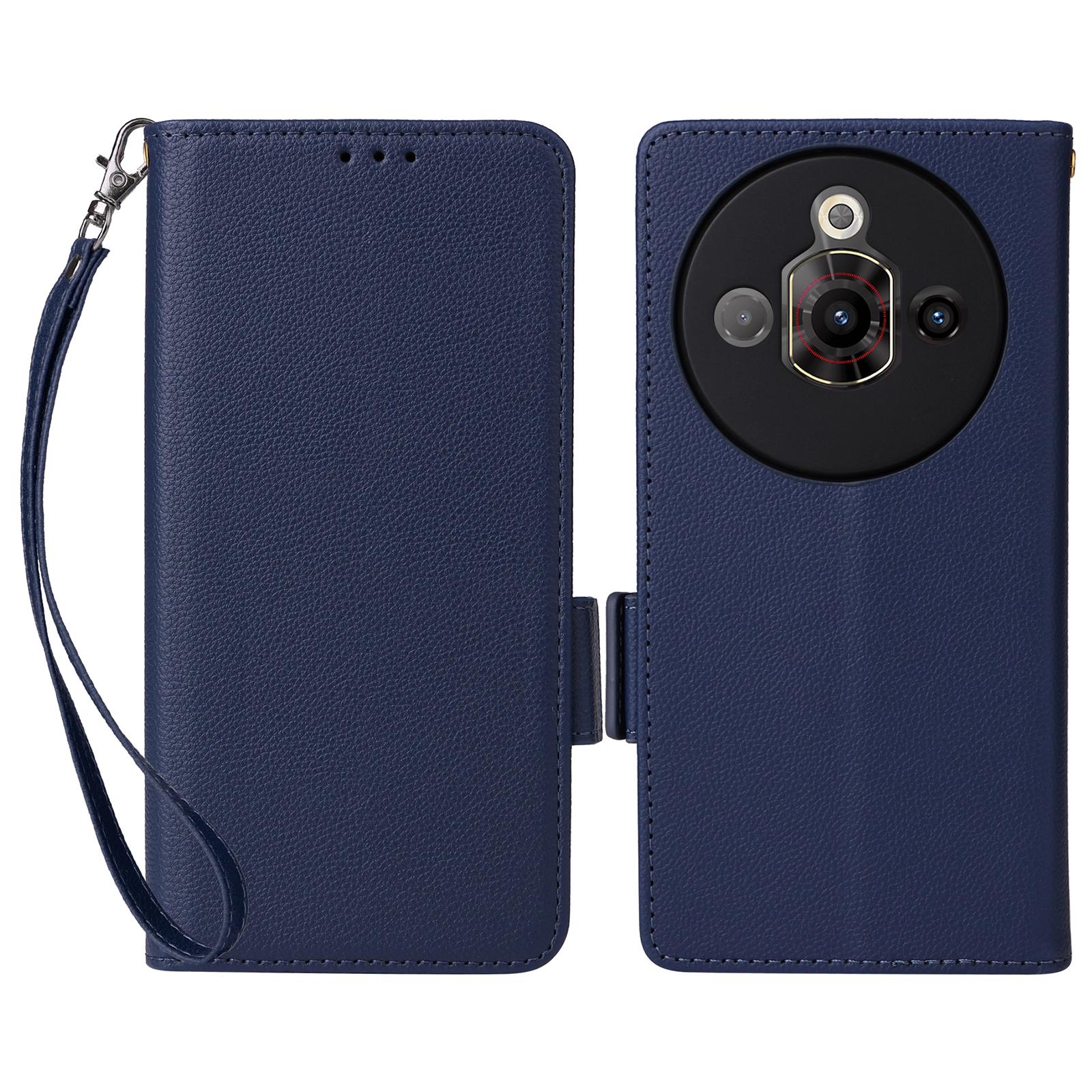 

For ZTE nubia Focus Pro Case with Wrist Strap Litchi Texture PU Leather Wallet Phone Cover Dark Blue
