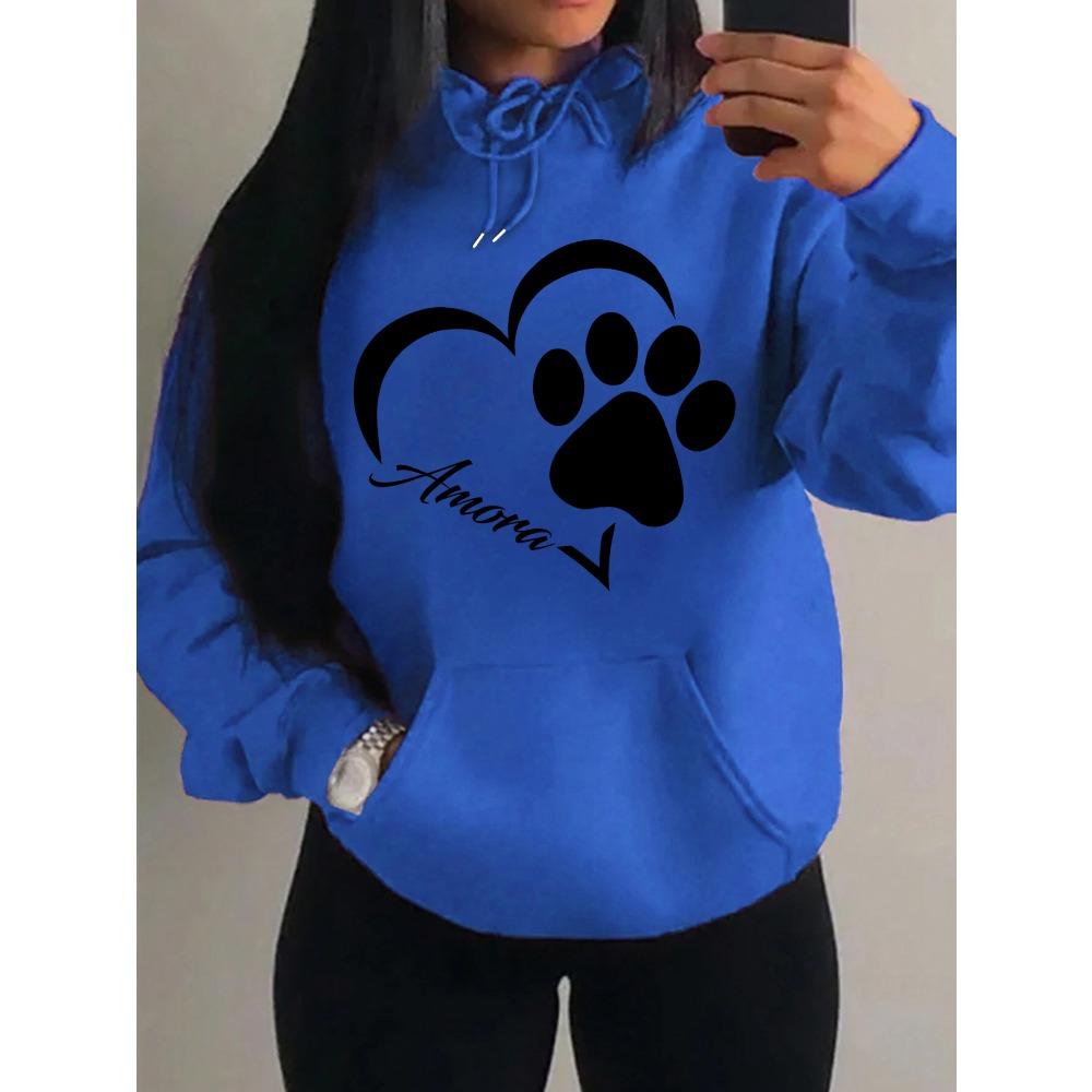 Love And Little Cat Foot Creative Print Women Hoody Fashion Autumn Sweatshirt Pocket Hoodie Sport Style Comfortable