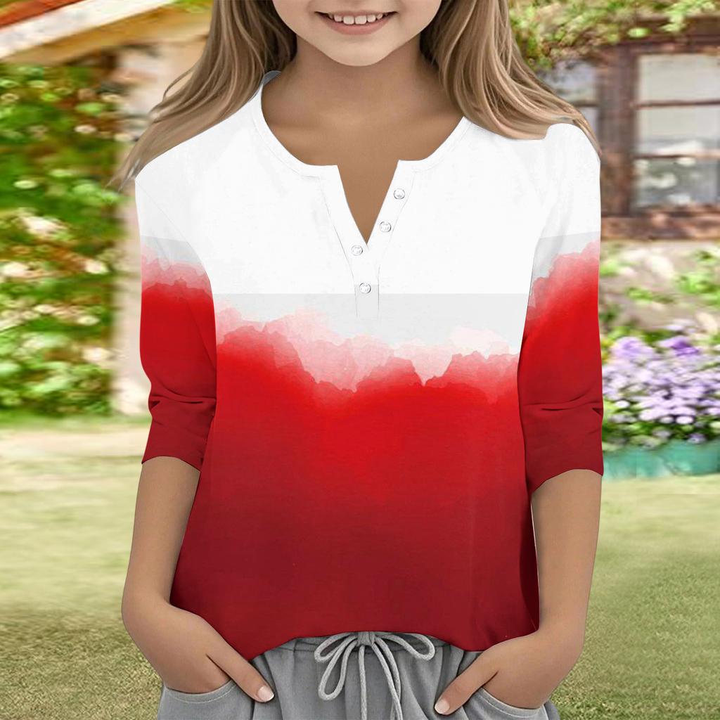 Print Tops For Youth Girls V Neck Button 3/4 Sleeves T-Shirts Trendy Tops Outfit Tees