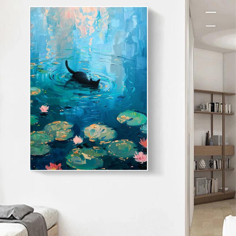 Retro Cute Black Cat And Lotus Landscap Canvas Paintings Impression Monet Posters and Prints Wall Pictures For Living Room Decor