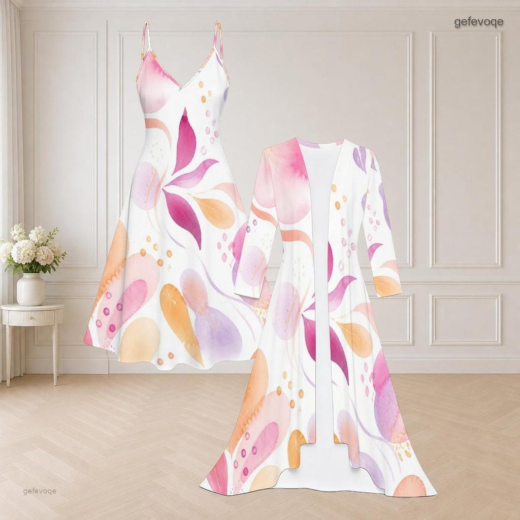 Women Plus Size Printed Spaghetti Strap Flared Dress Long Sleeve Open Front Cardigan Two Piece Set
