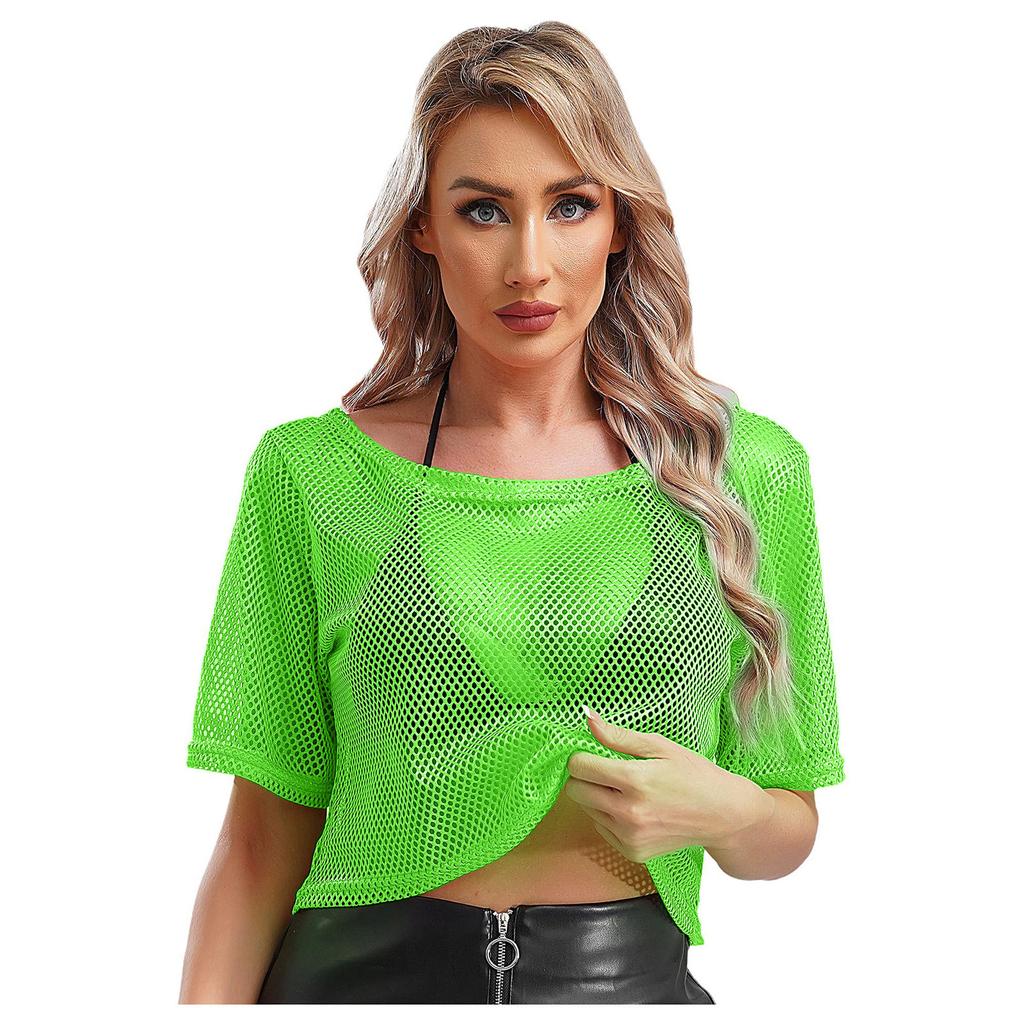 Damen Neon 80er Disco Fischernetz T-Shirt Kurzarm Ausgeschnitten Netz Crop Top