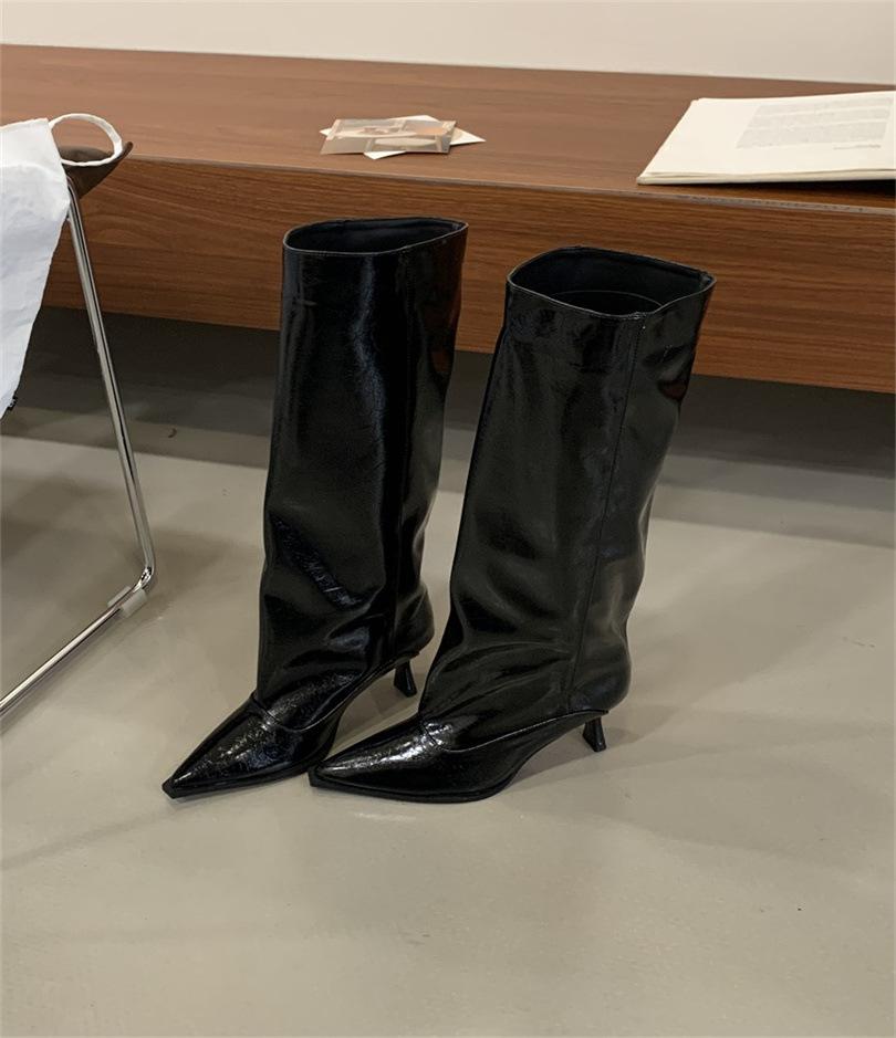 Grey patent leather pointed-tipped pleated boots female hottie style fine heel high tube but knee high heel knight boots
