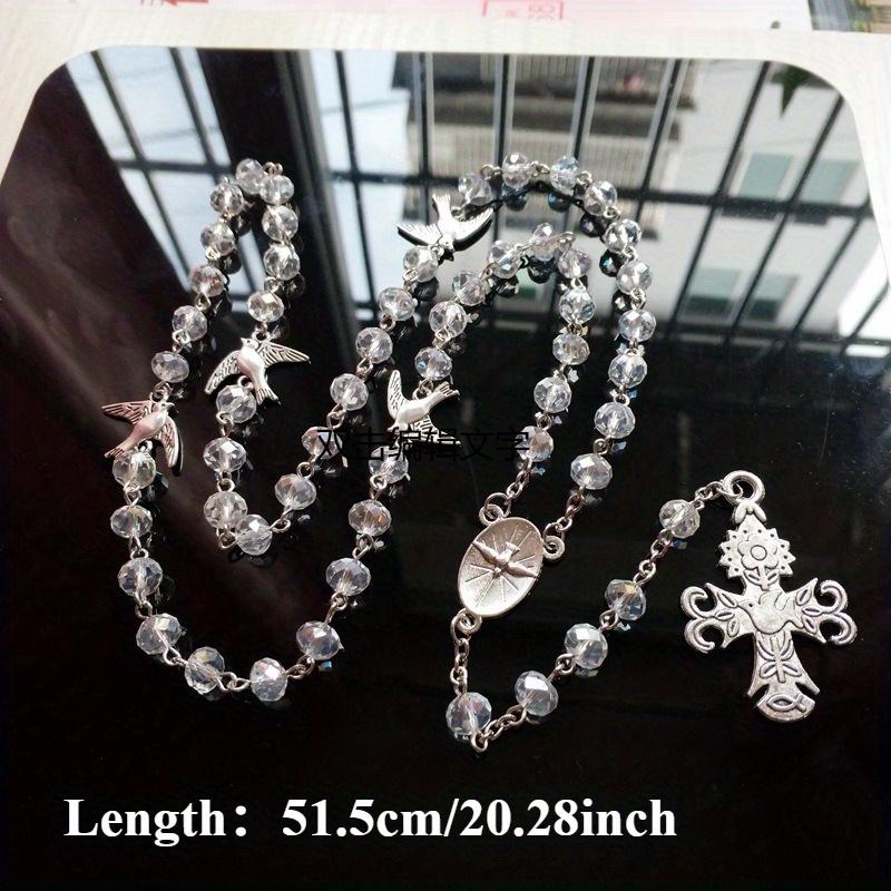 1pcs White GlassCrystal Rosary Necklace Cross Necklace Jewelry Alloy Mary Pendant Pendant Necklaces for Men Women Jewelry Wall Decoration Necklace