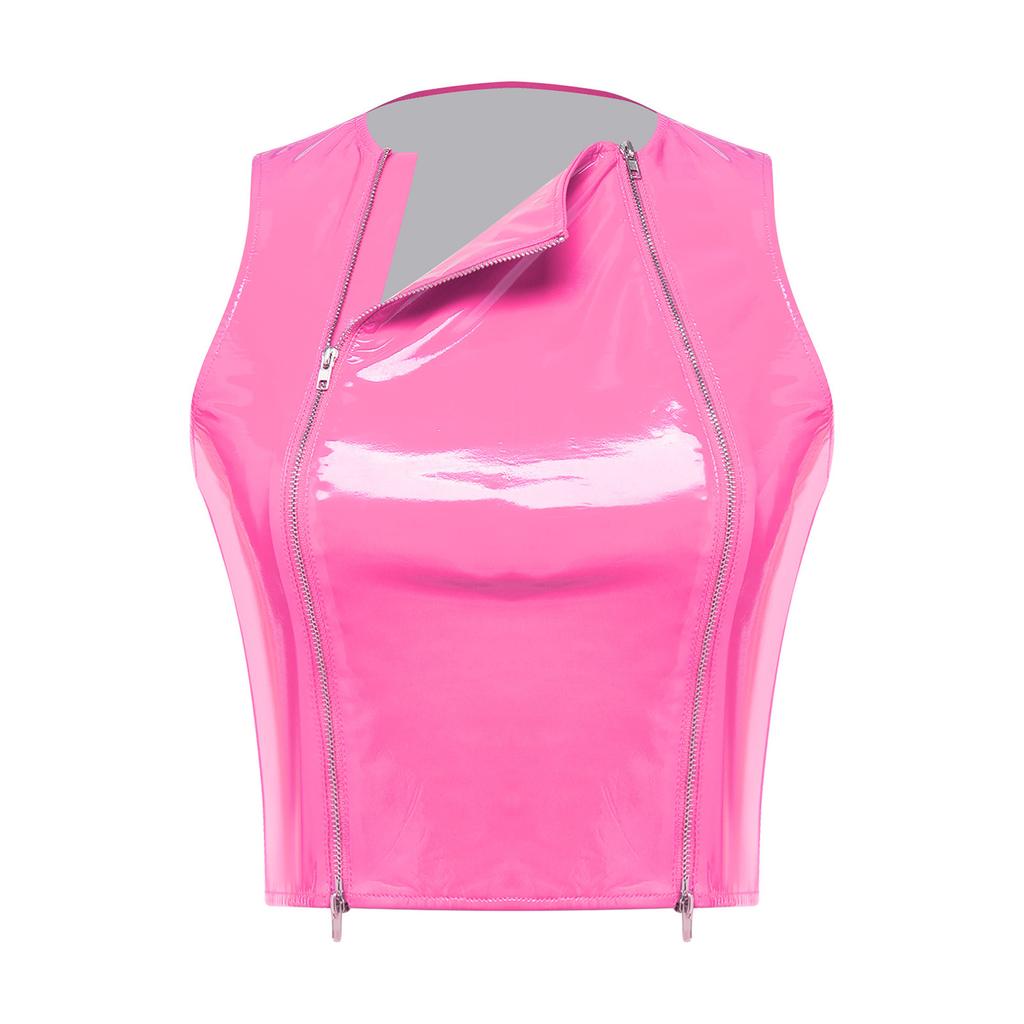 Damen Nasses PU-Leder Crop Top mit Reißverschluss vorne, ärmellos, glänzendes Tanktop, Nachtclub-Kleidung