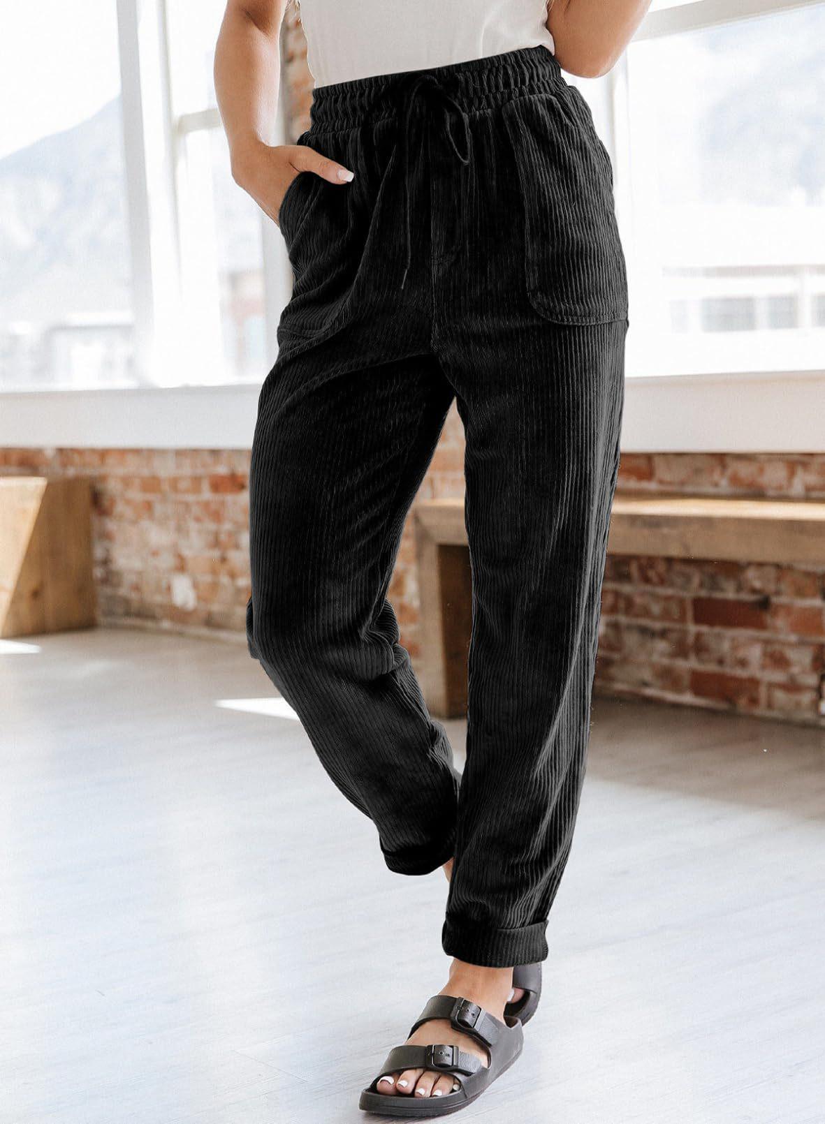 2025 Autumn/Winter Women s Casual Solid Color Corduroy Wide-Leg Pants - European & American Fashion S чёрный