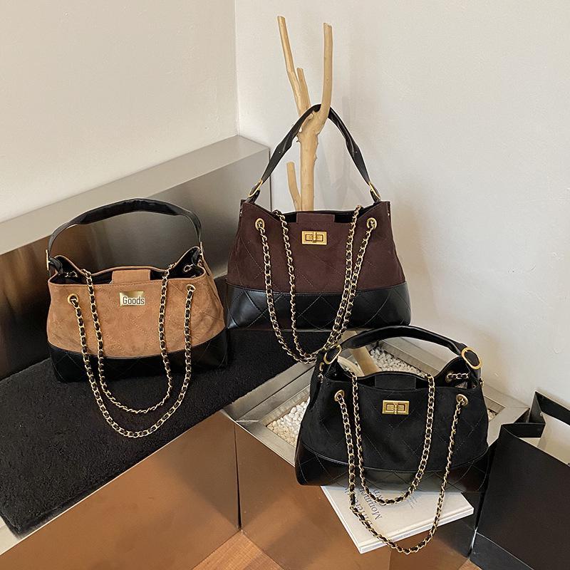 Brown Korean Style Quilted Suede Tote Bag with Adjustable Chain Strap