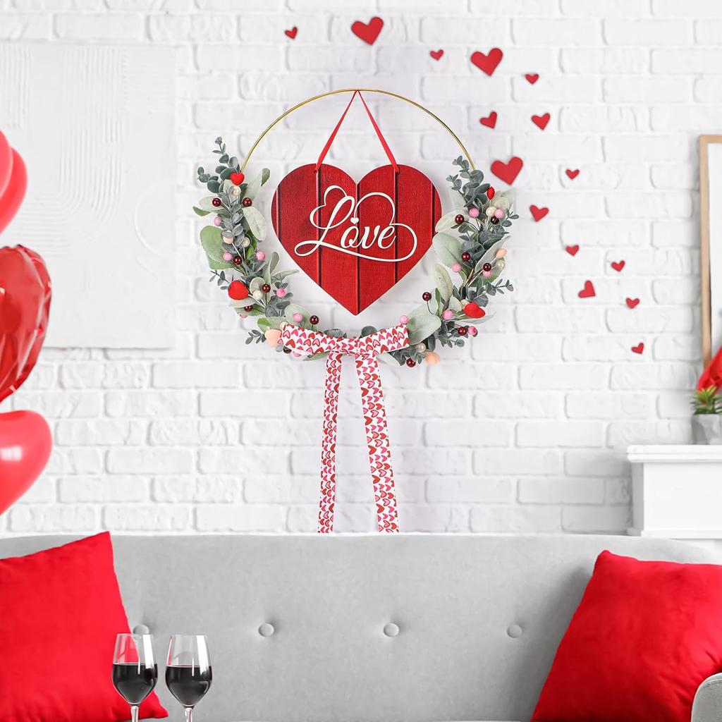 Valentines Day Wreath for Front Door - Cute Valentine Wreaths with Wooden Sweet Heart Love Sign for Wedding Engagement Party, 13 Inch Pink Wreath