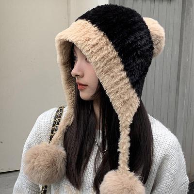 Grandi Paraorecchie con Pompon in Pelliccia Soffice Berretti Cappello per Donna Femmina Morbido Peluche Inverno Caldo Maglia Cappello di Peluche Outdoor Neve Sci Berretto