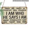 2D Flat Christian Metal Wall Decor Plaque - "I Am Who He Says I Am" with Bible Verse - Vintage Style Home Office Bedroom Decoration - Durable