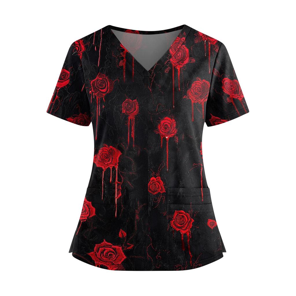 Women V Neck Halloween Print Short Sleeve Nurse Scrub Top with Double Pockets and Side Slit Hem Medical Uniform Shirt for Caregivers
