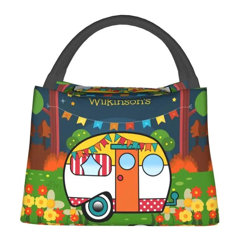 

Мультфильм RV Happy Campers Изолированная сумка для обеда для кемпинга Adventure Camping Van Life Cooler Thermal Food Lunch Box Office 28x17x16CM коричневый