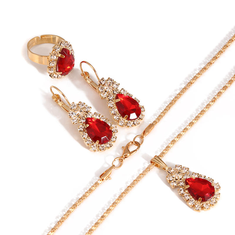 Fashion Women Water Drops Coloured Water Drill Necklace Earrings Ring Set Shining Bride Jewelry