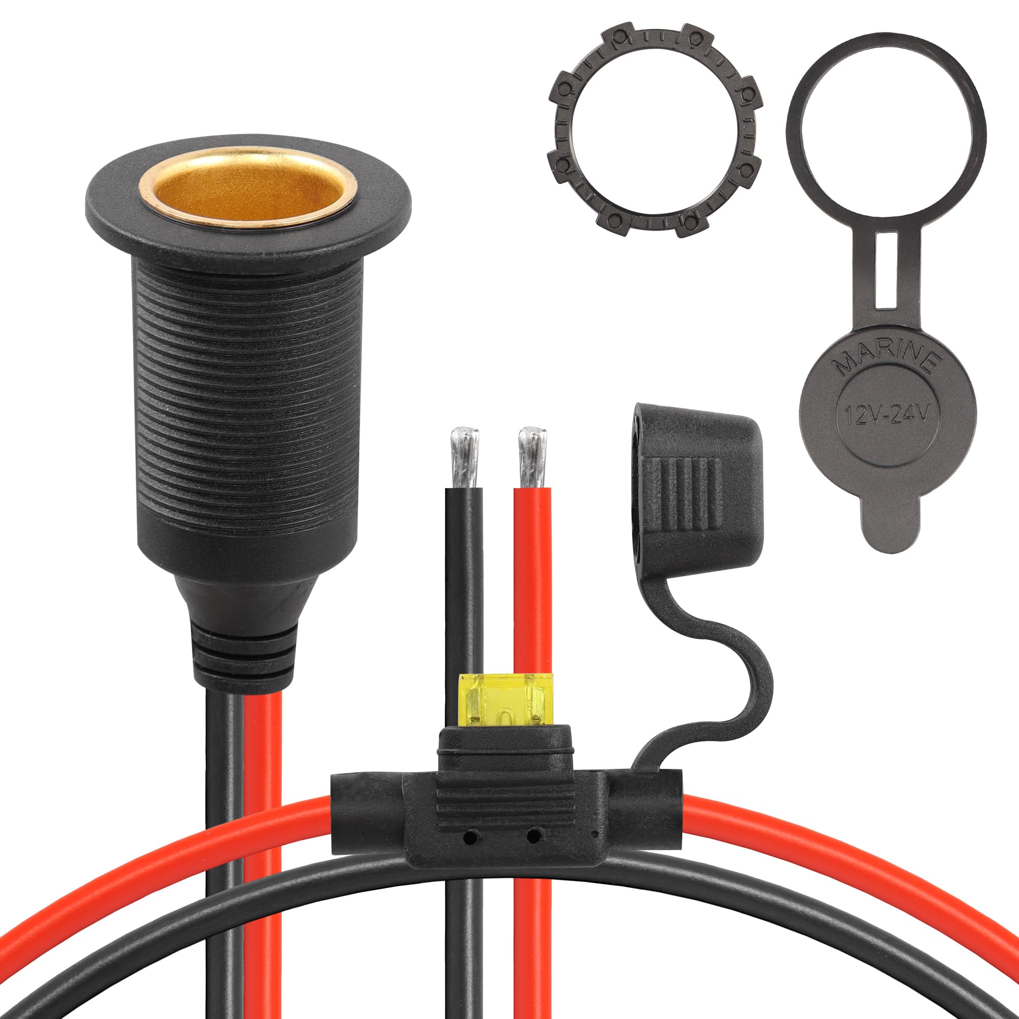 CERRXIAN /24V Кабель-удлинитель гнезда прикуривателя с фиксированной резьбой, 20A 13AWG Водонепроницаемый кабель для замены гнезда прикуривателя (0.3M)