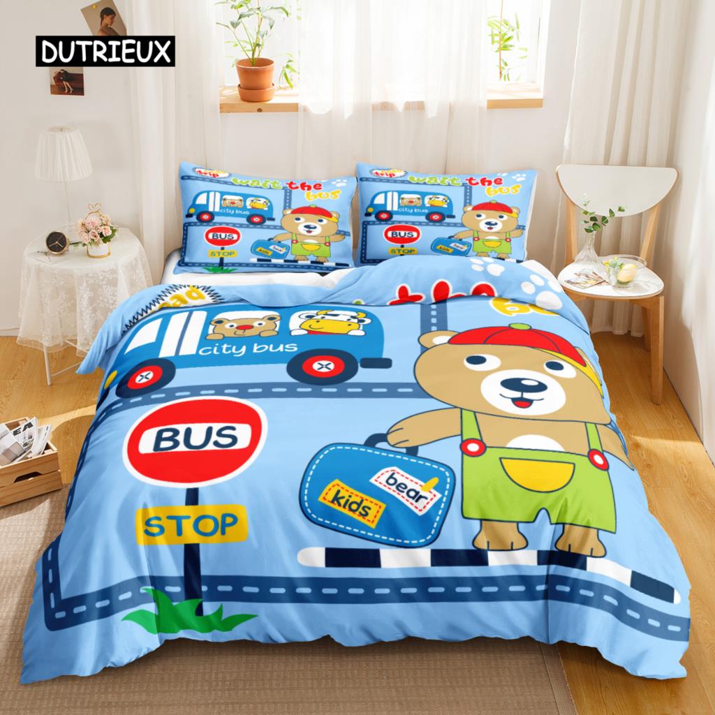Cartoon Duvet Cover Set Car Theme for Kids Teens Twin Queen King Size Polyester Bedding