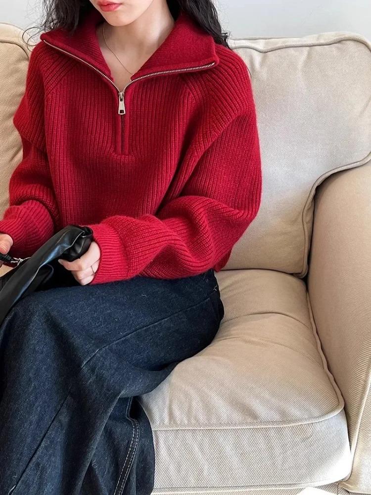 Sweater Pullover Women Autumn Winter Korea New Zipper Underlay Loose Short Style Popular Premium Sweater Female Tops