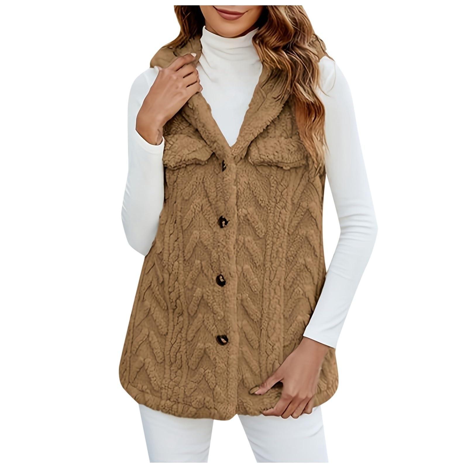 

Женская мода зима плюшевый кардиган с капюшоном средней длины пальто жилет S хаки