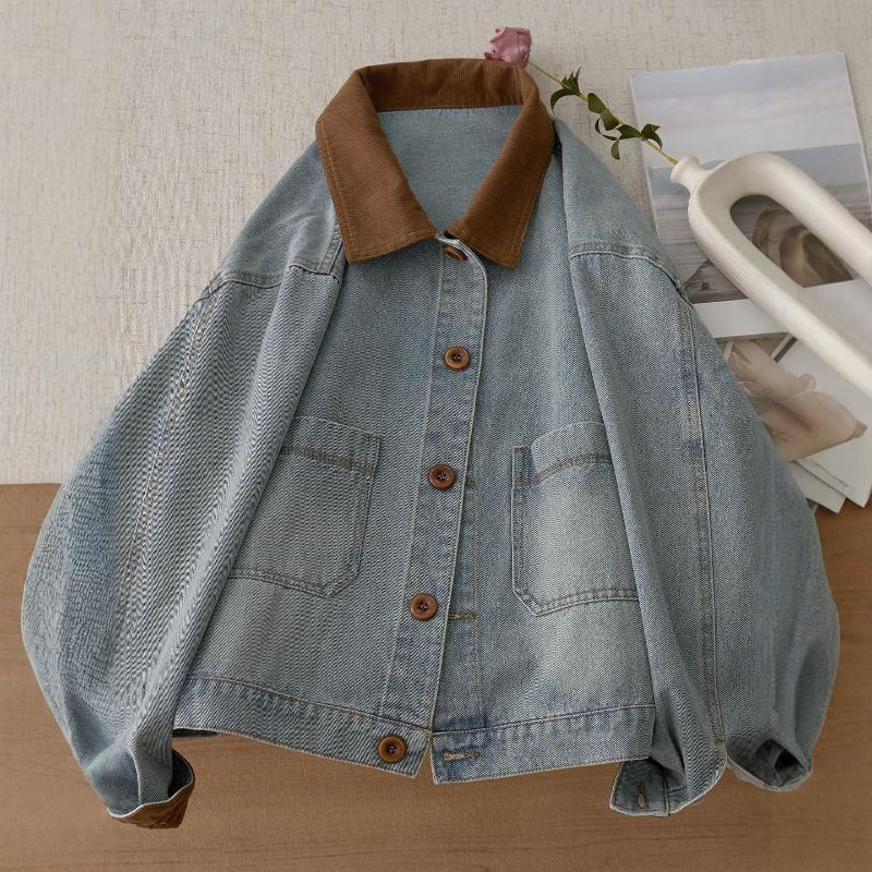 Women's Cross-Color Patchwork Corduroy Denim Jacket - Loose, Casual, Short Spring/Autumn Outerwear