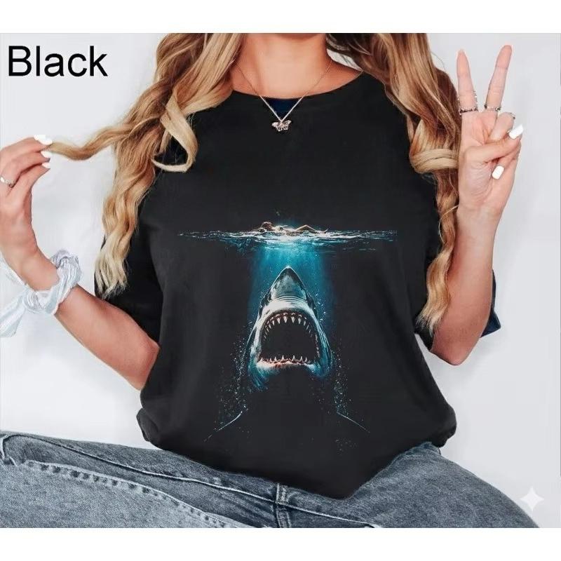 Black Bold Red Top Text Deep Sea Openmouth Shark Graphic T Shirt Ocean Thrill Style Oversized Short Sleeve Unisex Tops