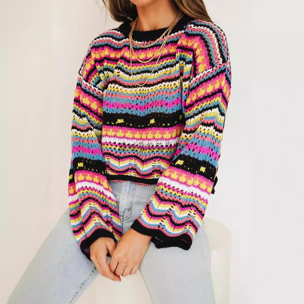 Women Bohemian Round Neck Loose Sweaters Long Sleeve Crochet Knit Pullover Tops Plus Size