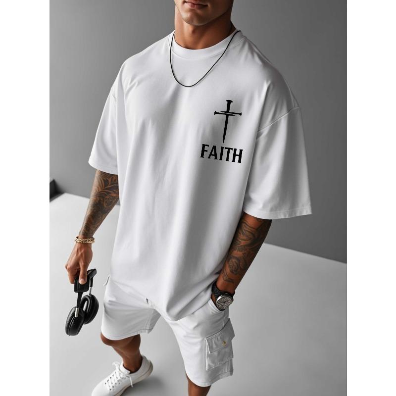 European Sizes Men's Christian Faith T-Shirt with Print & Cross Design - Oversized Shirt, Breathable Summer Casual Wear, Loose Fit Short Sleeve Tee