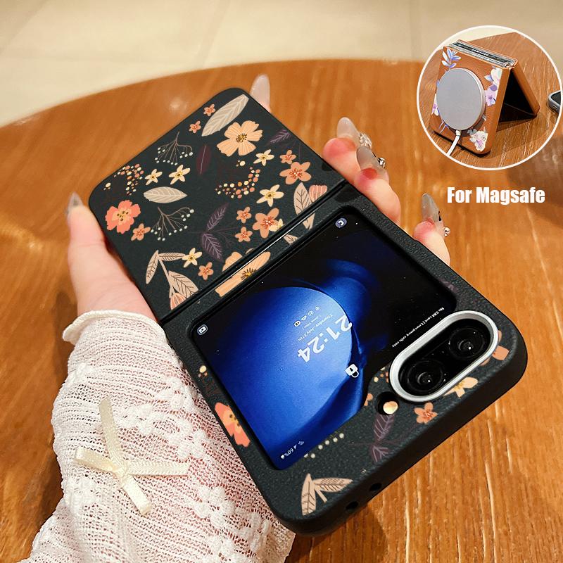 Luxury Leather Texture TPU Flower Case For Magsafe For Samsung Galaxy Z Flip 6 5 4 3 5G Flip4 Flip5 Flip6 Magnetic Folding Cover