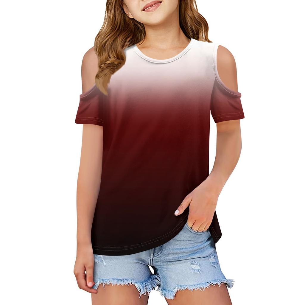 Children summer fashion T-shirt dew shoulder round collar gradient leisure coat