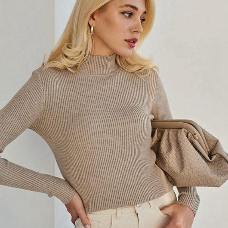 Frauen Herbst Winter Einfarbig Halb Stehkragen Langarm Pullover Slim Fit Stricken Tops