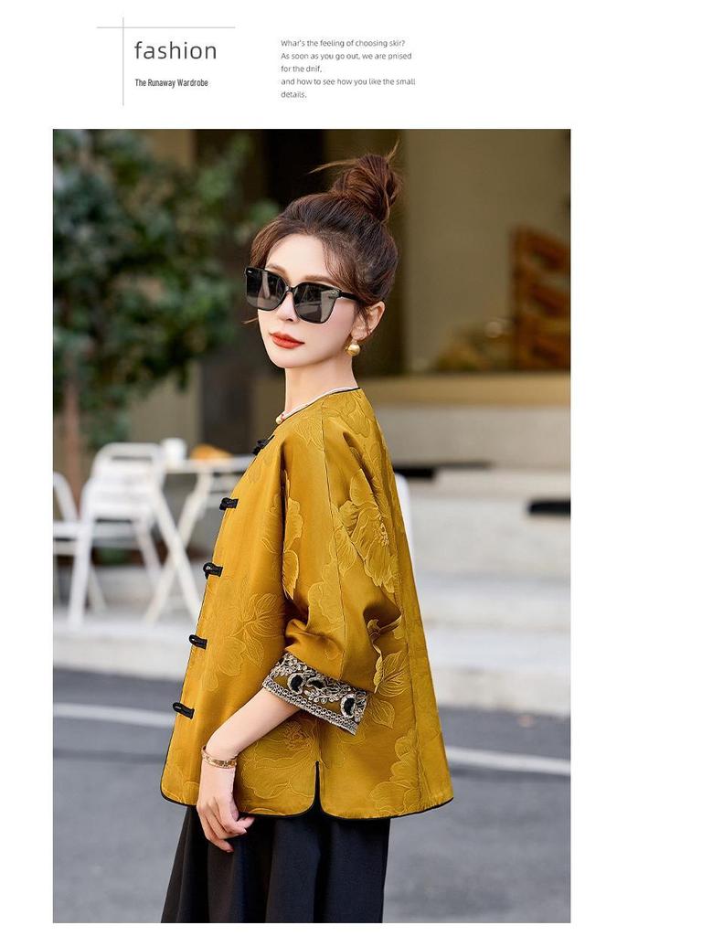2025 Early Spring Chinese Jacquard Round Neck Frog Button Coat AH66606