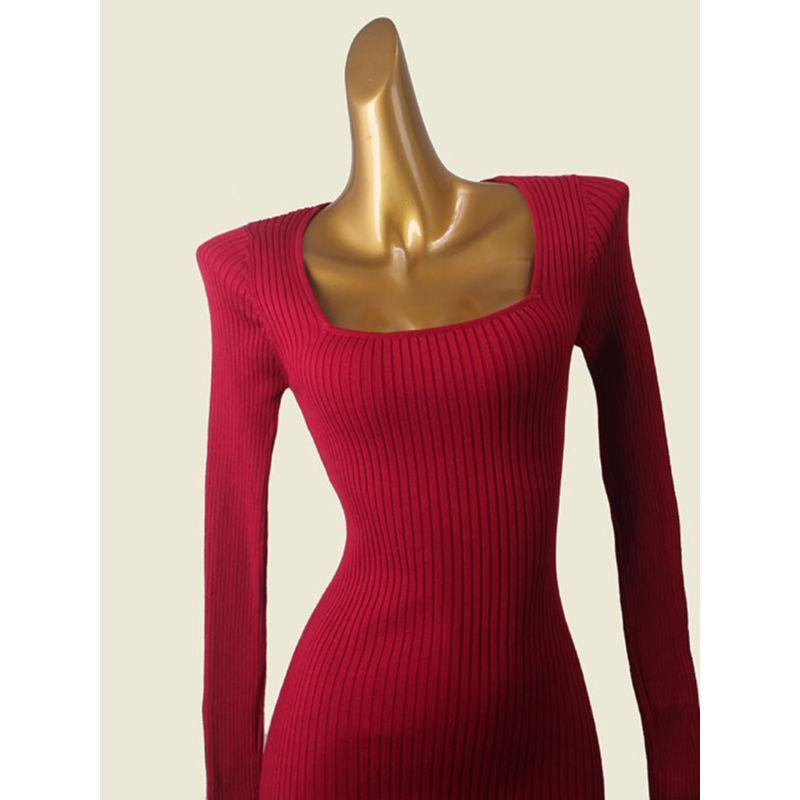 Square Collar Elegant Autumn and Winter Inner Wear Knitted Long Dress Foreign Trade Original Order Sexy New Year Atmosphere Banquet Sheath Base Skirt