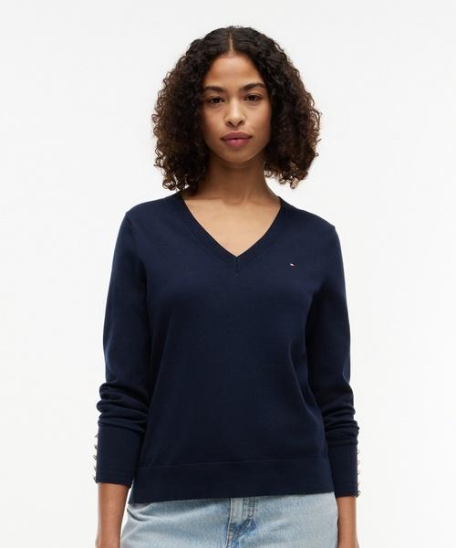 TOMMY HILFIGER Cuff Button V-Neck Sweater (T22G6Kto010Wt1C1G)