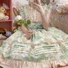 Japanese Kawaii Lolita Jsk Dress Women Victorian Retro Ruffle Grape Print Bandage Bow Trailing Princess Dresses Party Mini Dress