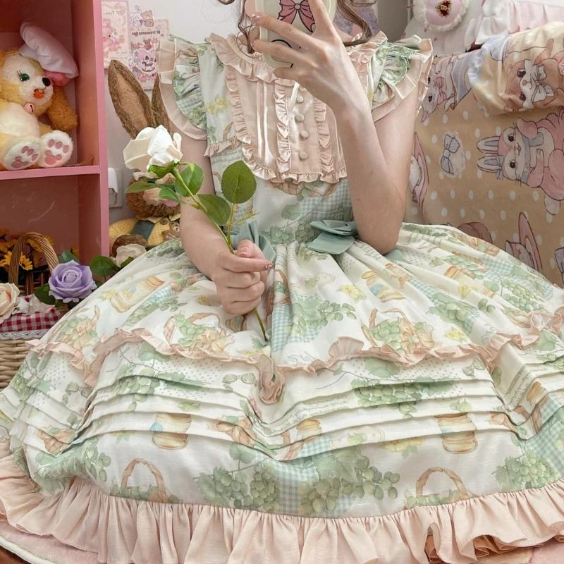 Japanese Kawaii Lolita Jsk Dress Women Victorian Retro Ruffle Grape Print Bandage Bow Trailing Princess Dresses Party Mini Dress