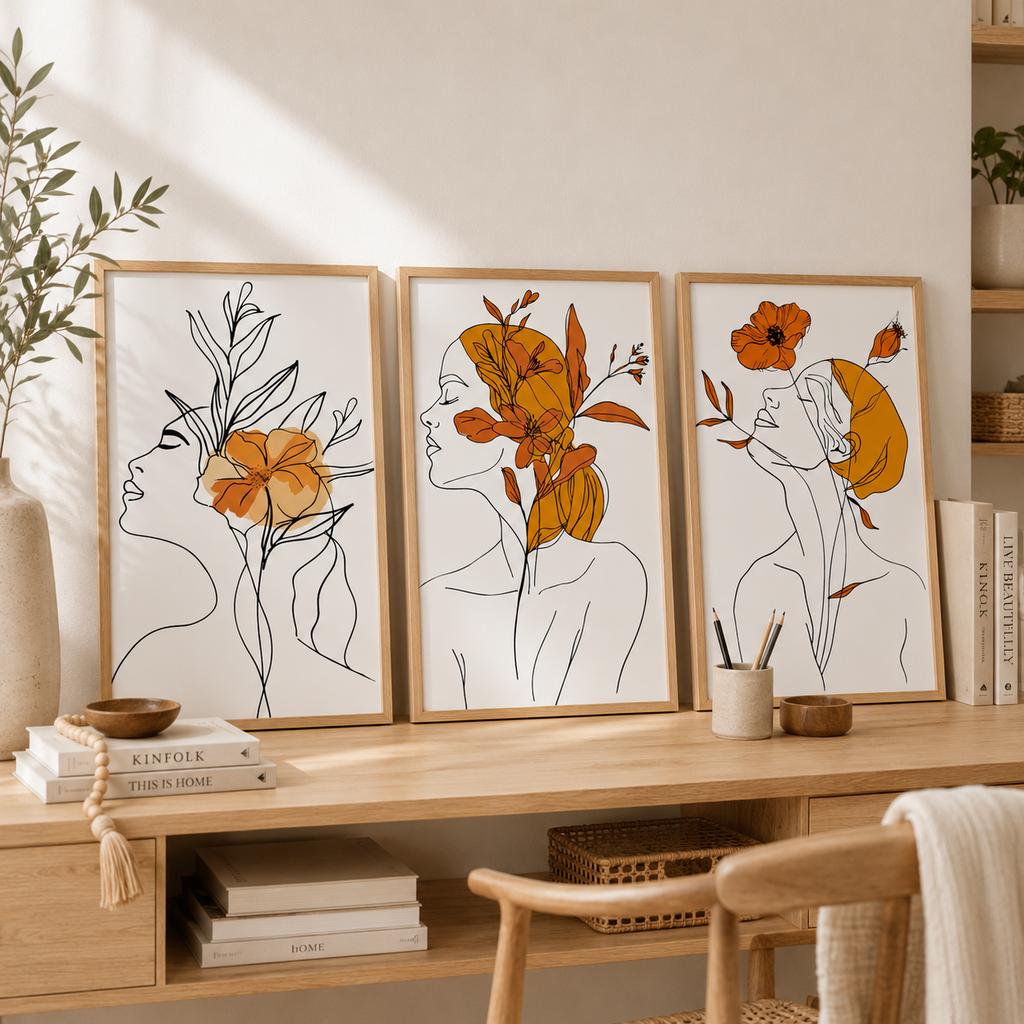 Abstract Line Wall Art, Fashion Woman Flower Canvas Painting Modern Poster Prints Bedroom Living Room Wall Decor