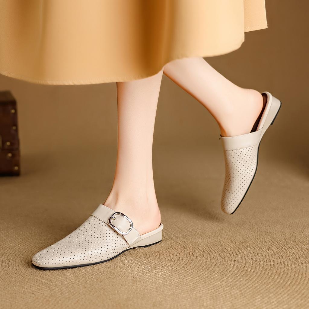 Fashion 2025 New Summer Women Mules Genuine Leather Women Shoes Square Toe Chunky Heel Shoes Cover Toe Slingback Sandals Weave Slippers