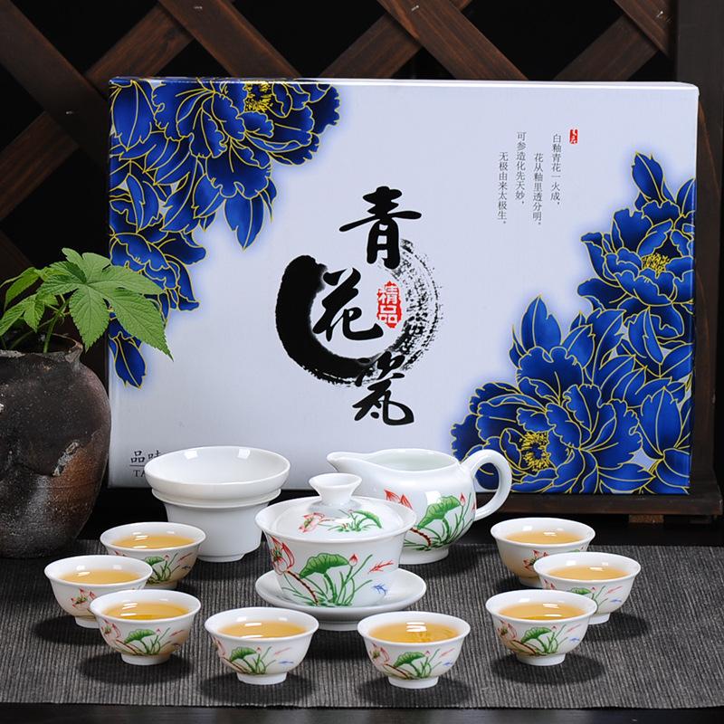 Kung Fu čajová souprava keramický čajový šálek bílý porcelán celá sada modrobílý čajový šálek víčko miska čajová souprava