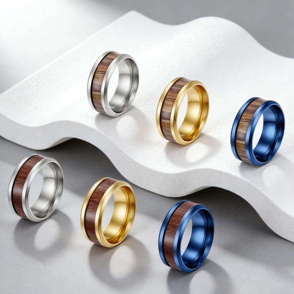 8mm Acacia Wood Inlaid Titanium Steel Men's Ring - Durable, Fade-Resistant Wood Grain Design