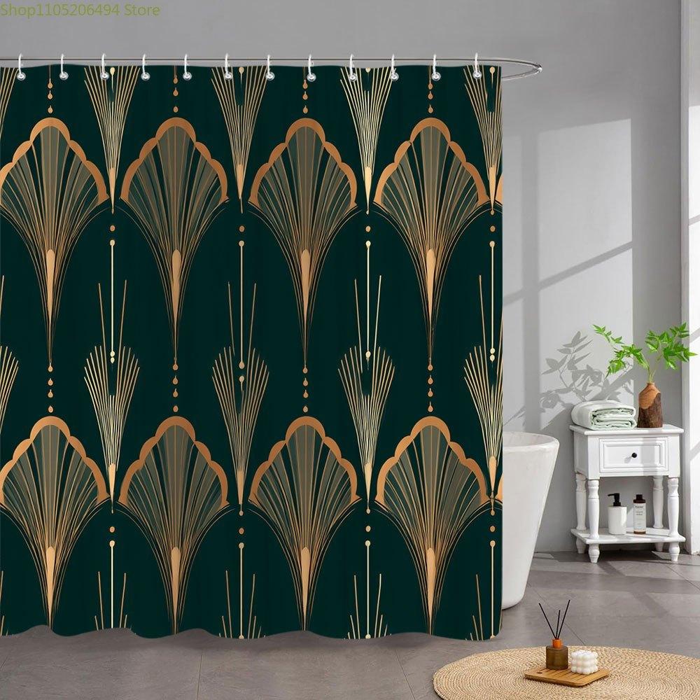 1pc Luxury Art Deco & Rooster Shower Curtain with Golden Cream Feathers & Deep Green Geometric Pattern - Vintage Elegant Bathr