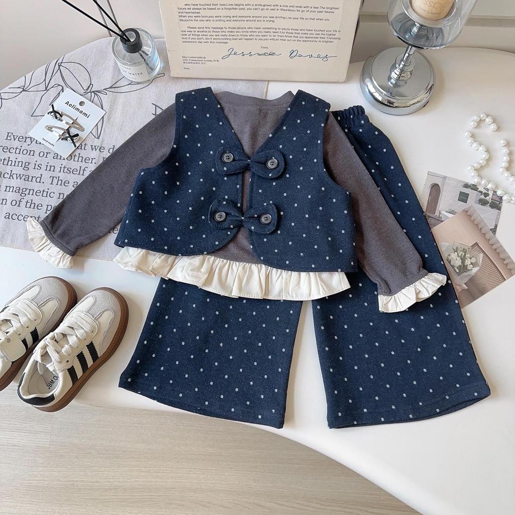 Dziewczęcy zestaw kamizelki i spodni w kropki - Modny dwuczęściowy zestaw na jesień i wiosnę (AQB086)