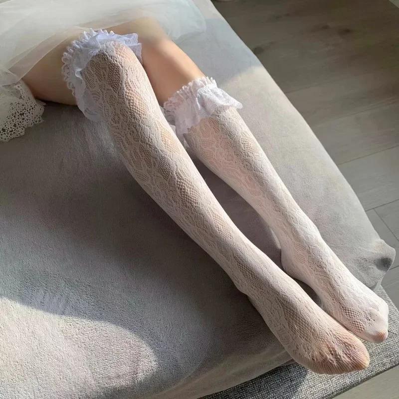 New Lolita Long Tube White Lace Mesh Female Over-knee High-tube Thigh Middle-tube Calf Socks Thin Section Jk Black And White
